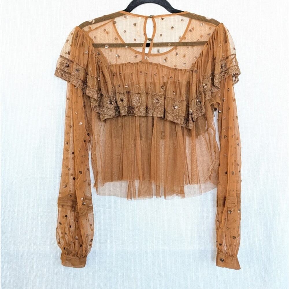 Free People Disco Ball Embellished Sequin Boho Ruffle Lace Sheer Top M - Picture 3 of 8